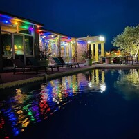Outdoor pool, pool umbrellas, sun loungers
