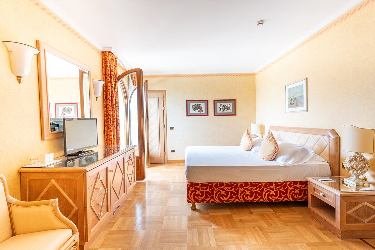 Una habitación de hotel con una cama, televisor, escritorio y una silla.