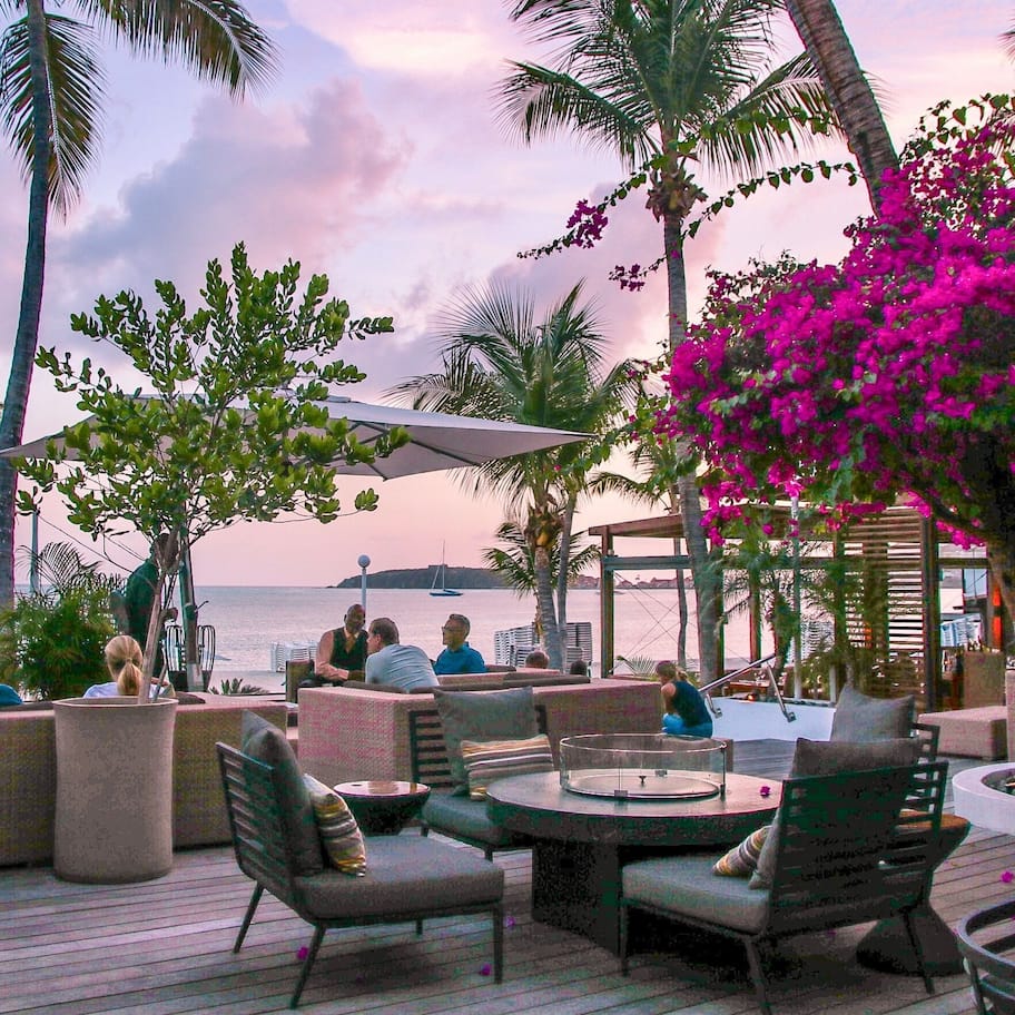An outdoor seating area with lounge chairs and a table, surrounded by palm trees and bougainvillea flowers, overlooking a body of water.