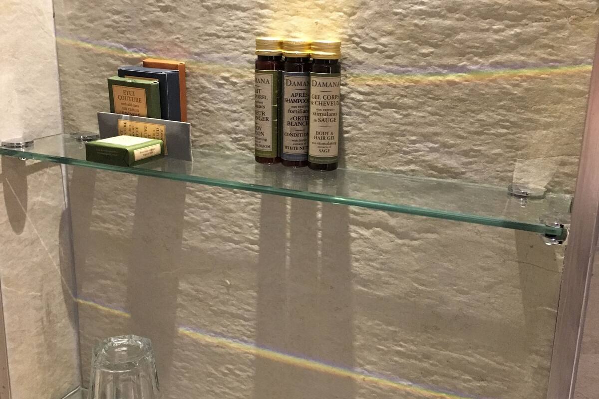 combined shower/bathtub, free toiletries, hair dryer, towels