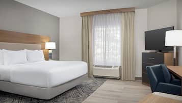 Desk, laptop workspace, blackout curtains, iron/ironing board