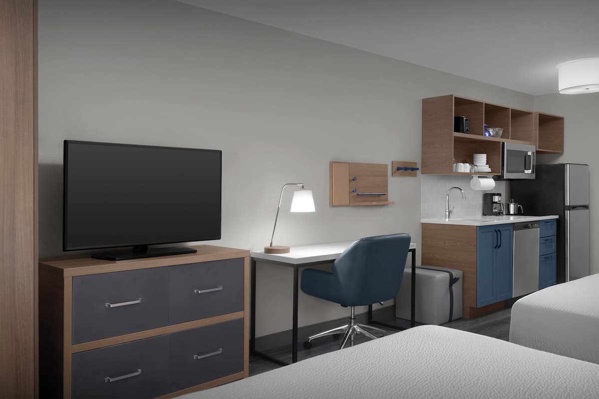 Desk, laptop workspace, blackout curtains, iron/ironing board