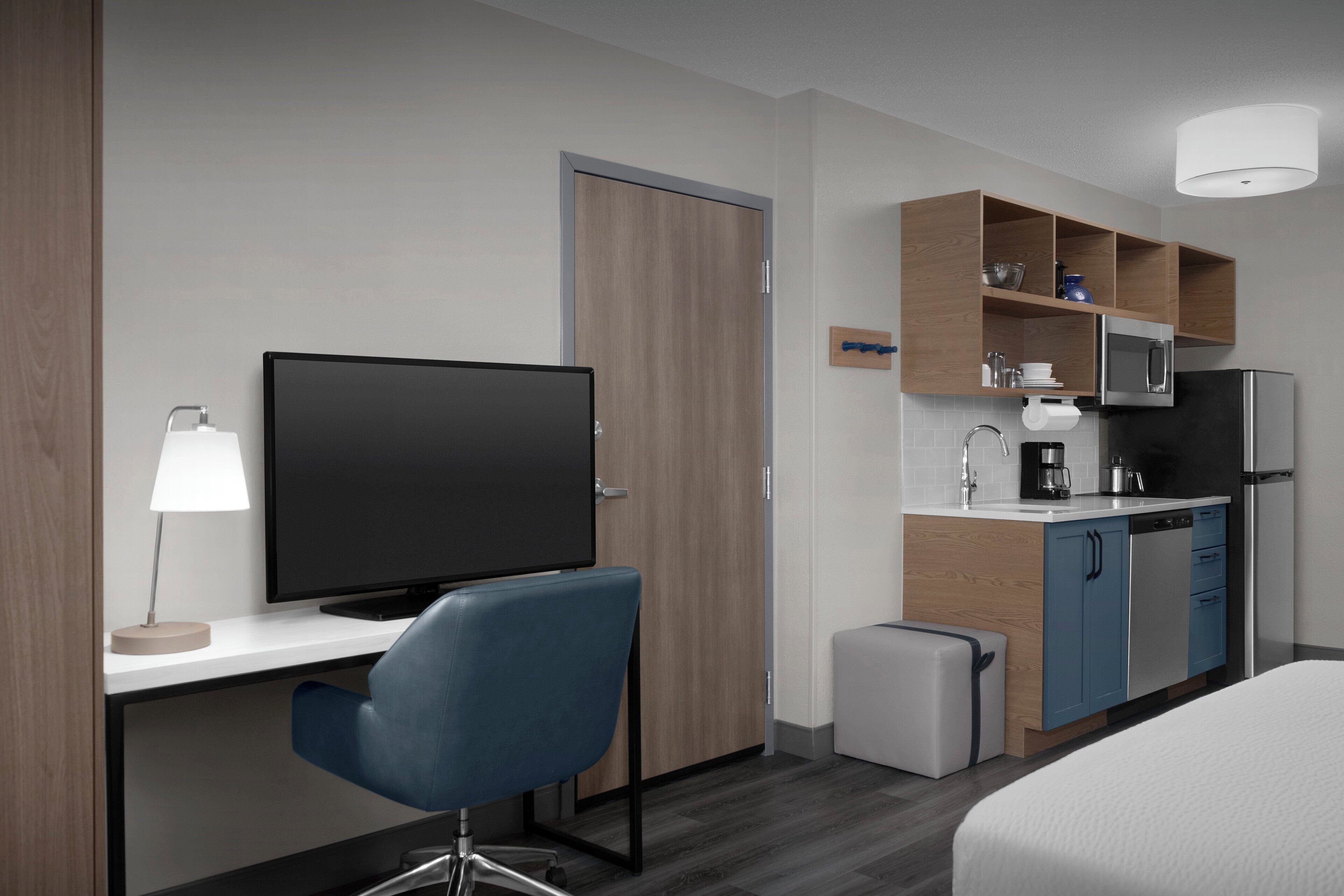 Desk, laptop workspace, blackout curtains, iron/ironing board