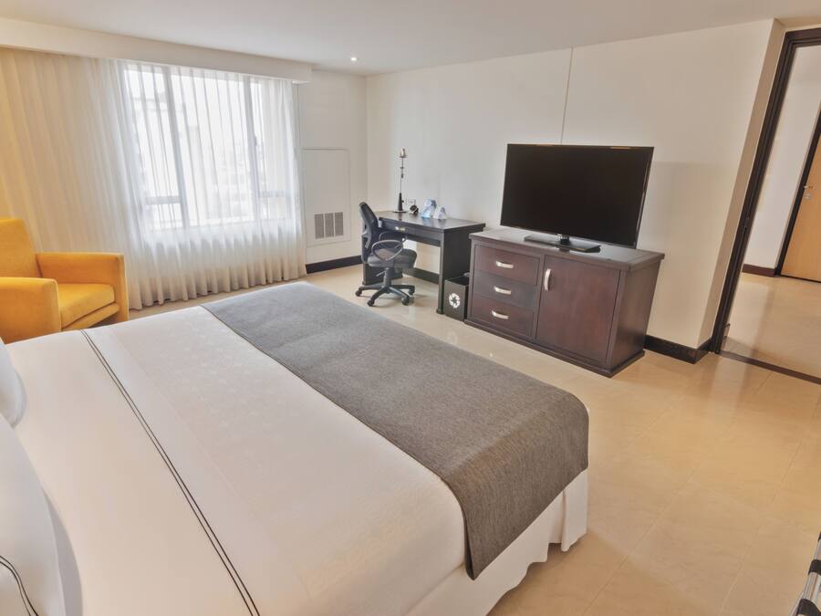 Habitación de hotel con una cama grande, un escritorio con silla, un televisor y un armario.