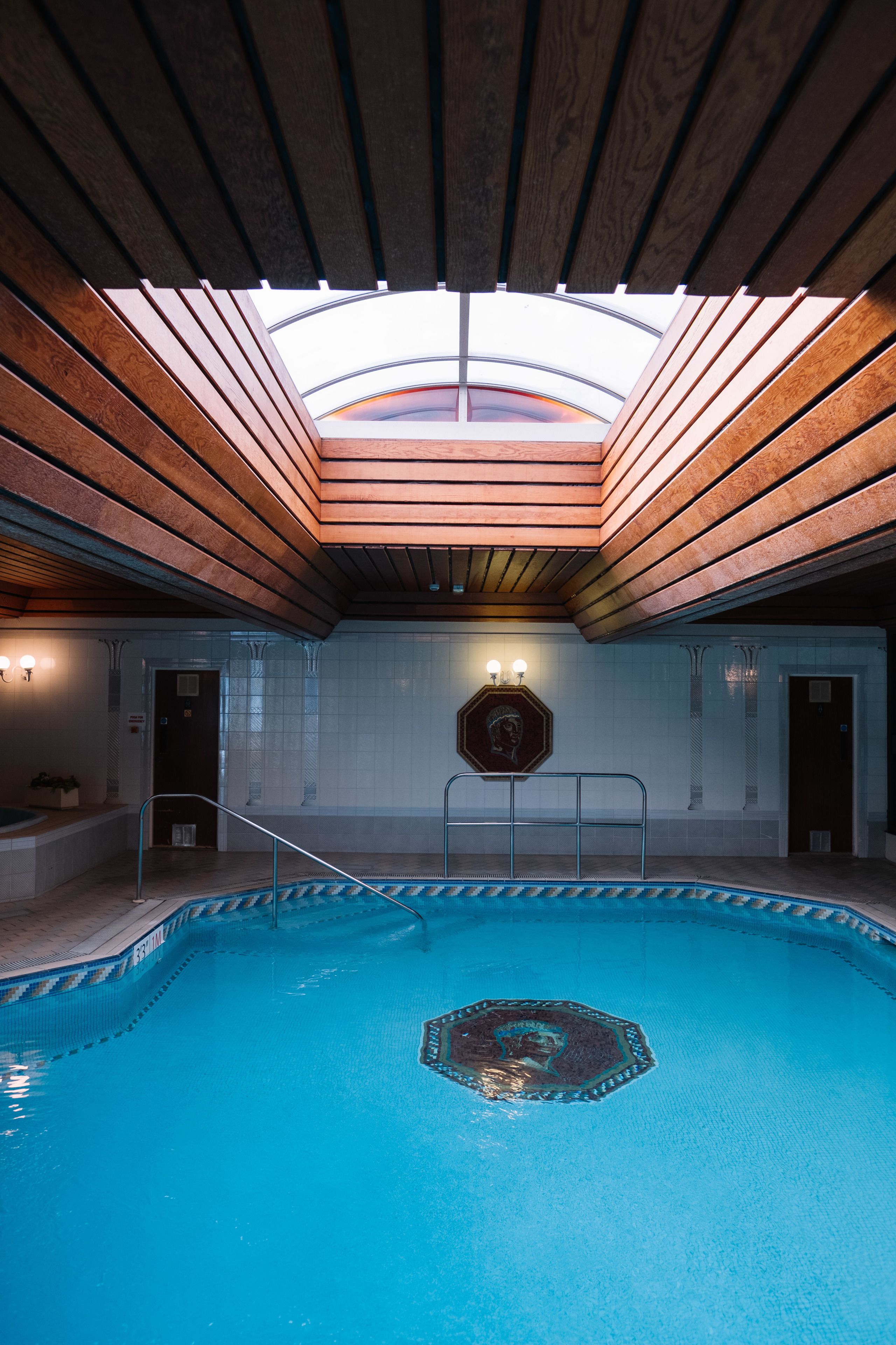 An indoor swimming pool with a skylight ceiling, a decorative tile pattern in the center, and a metal ladder leading into the pool.