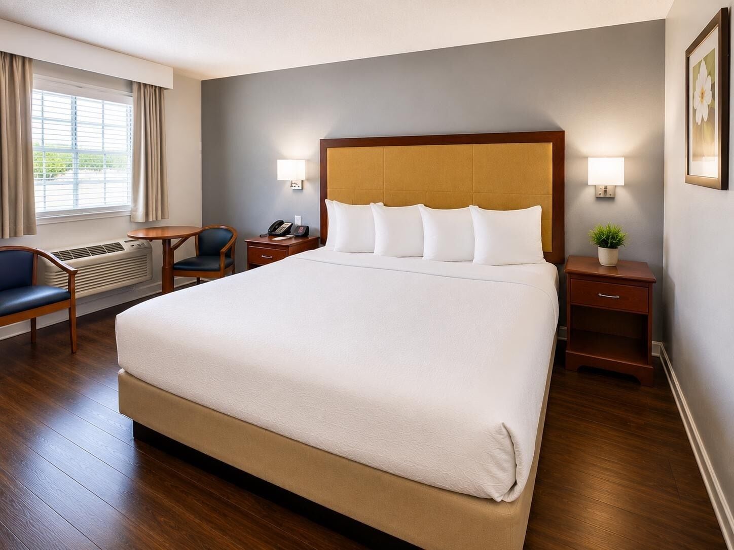 Habitación de hotel con una cama grande, un escritorio, una silla, una mesita de noche con lámpara y una planta en maceta.