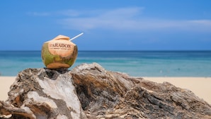 A coconut with a straw on a wooden log on a beach. - Paradox Resort Phuket (Karon)