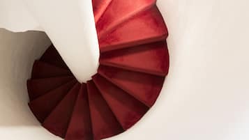 A spiral staircase with a white wall and red steps.