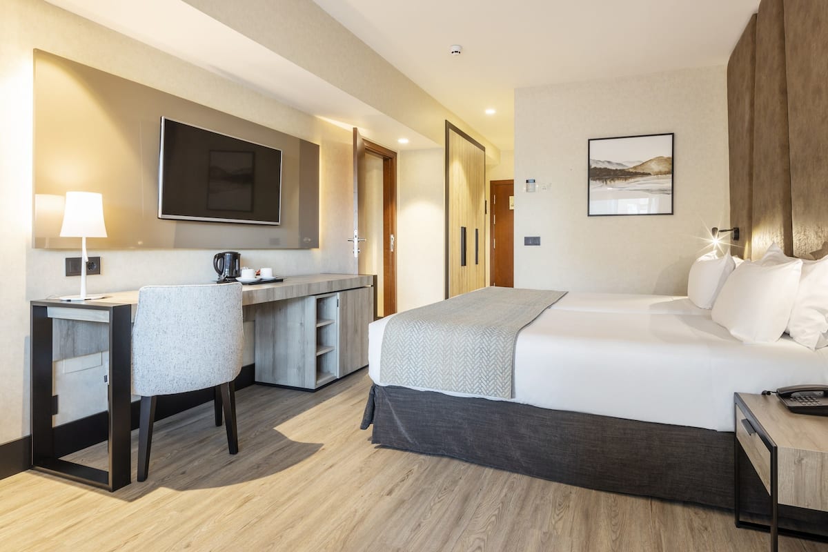 Habitación de hotel con cama, escritorio, silla y televisor.