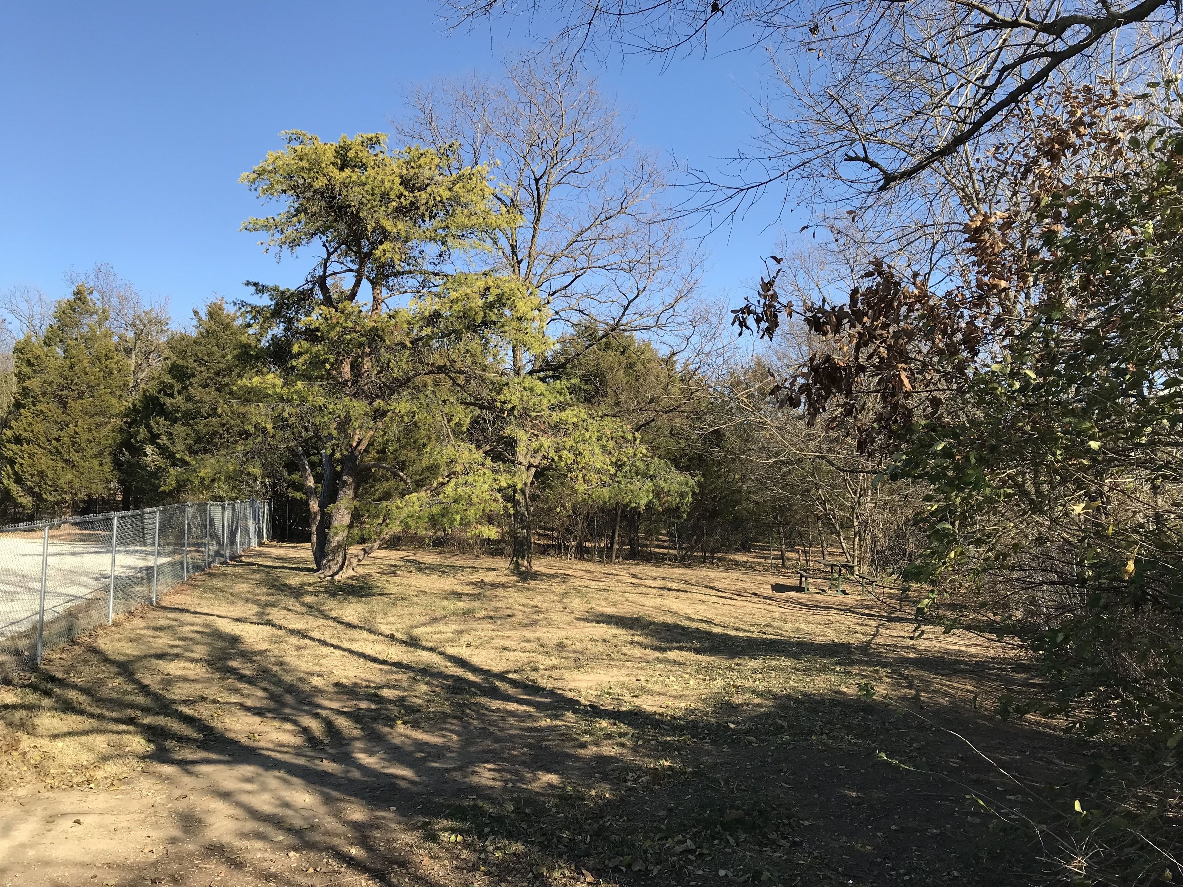 Un espacio al aire libre cercado, con árboles y un camino de tierra.