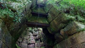 Una escalera de piedra desciende a un nivel inferior, rodeada de rocas cubiertas de musgo y vegetación.