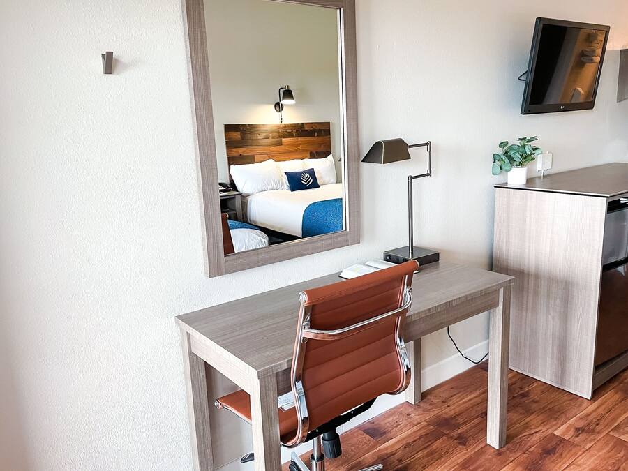Habitación de hotel compacta con un escritorio de madera, una silla de cuero marrón, un espejo grande, un televisor de pantalla plana, una planta pequeña y una kitchenette con refrigerador de acero inoxidable.