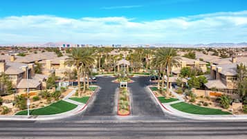 A residential street with houses, palm trees, and a central road.