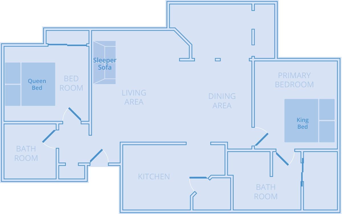 A floor plan with a living area, dining area, kitchen, two bedrooms (queen and king), and two bathrooms.