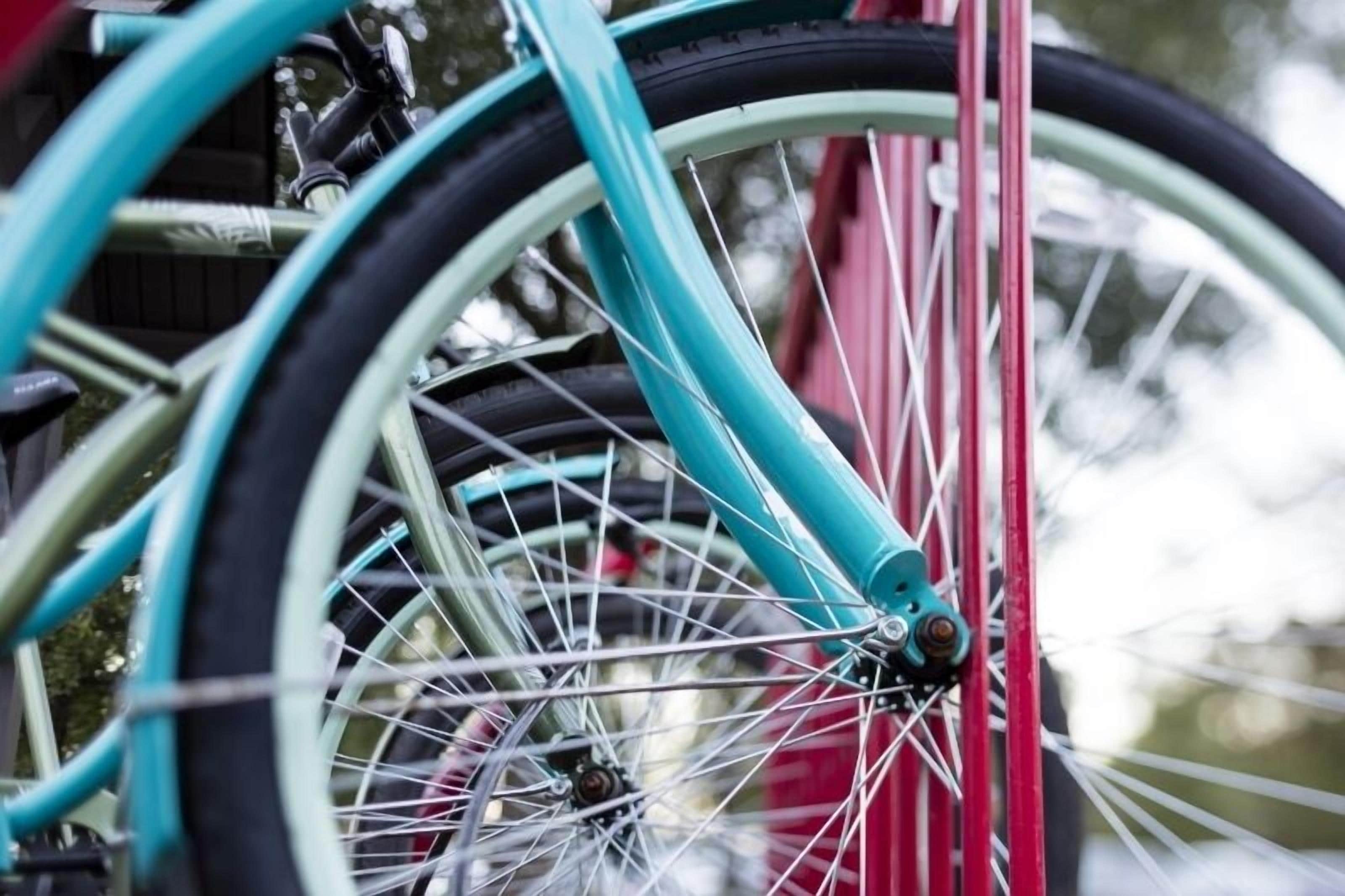 A close-up of a bicycle wheel with a red frame.