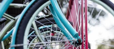 A close-up of a bicycle wheel with a red frame.