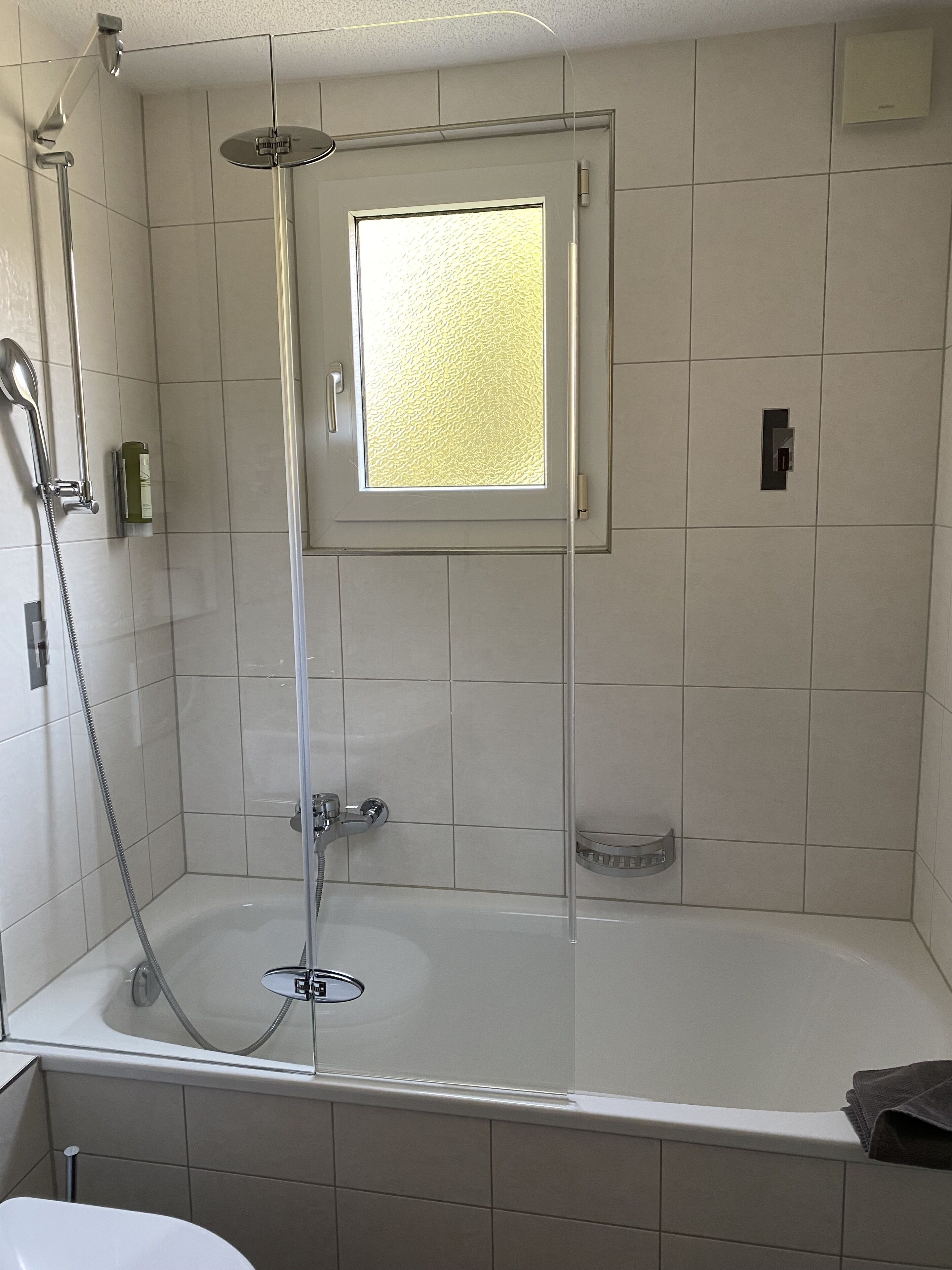 Une salle de bain moderne dotée d’une douche à parois de verre, d’une baignoire et d’une fenêtre laissant entrer la lumière naturelle.
