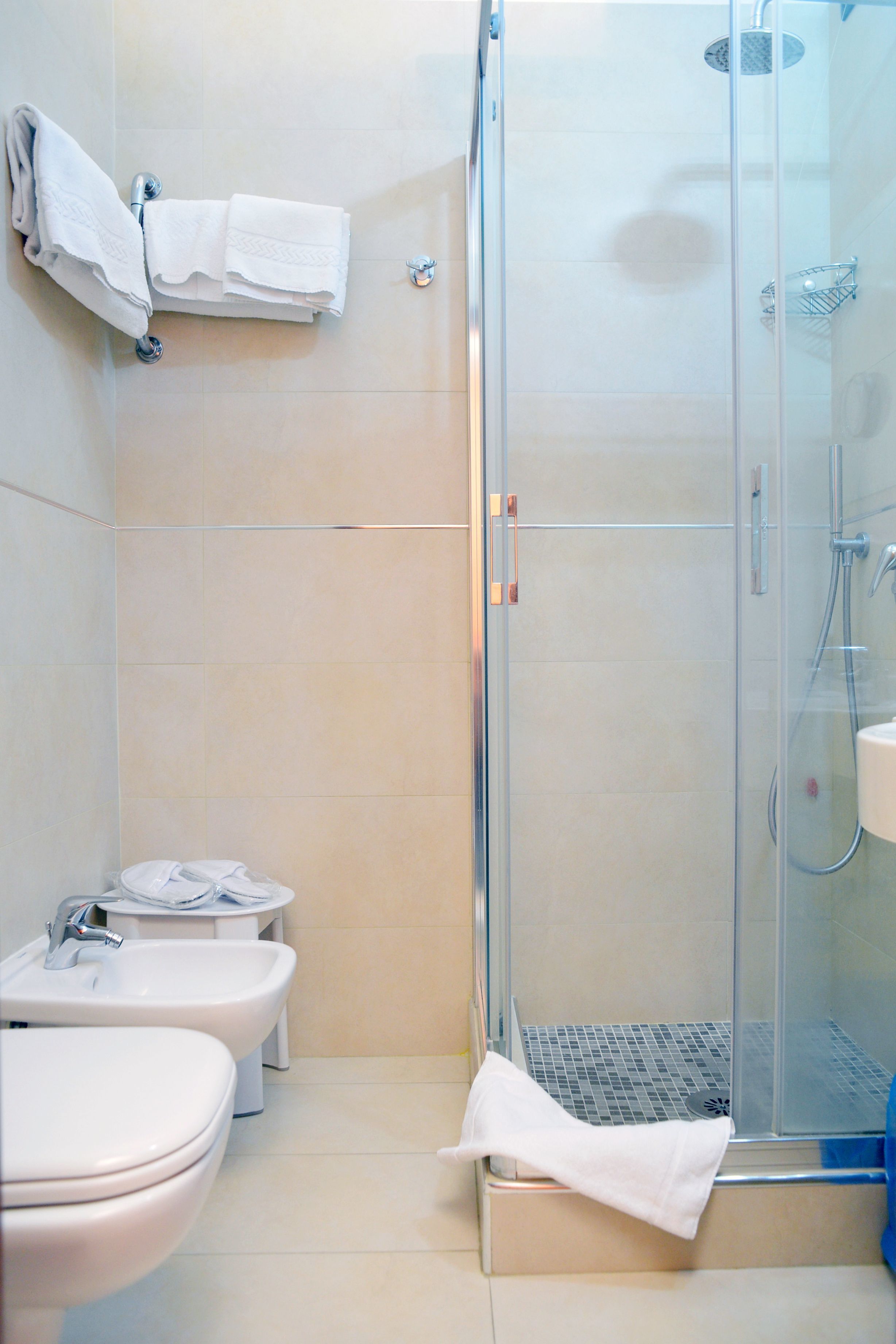 standard double room | bathroom | shower, hair dryer, bidet, towels