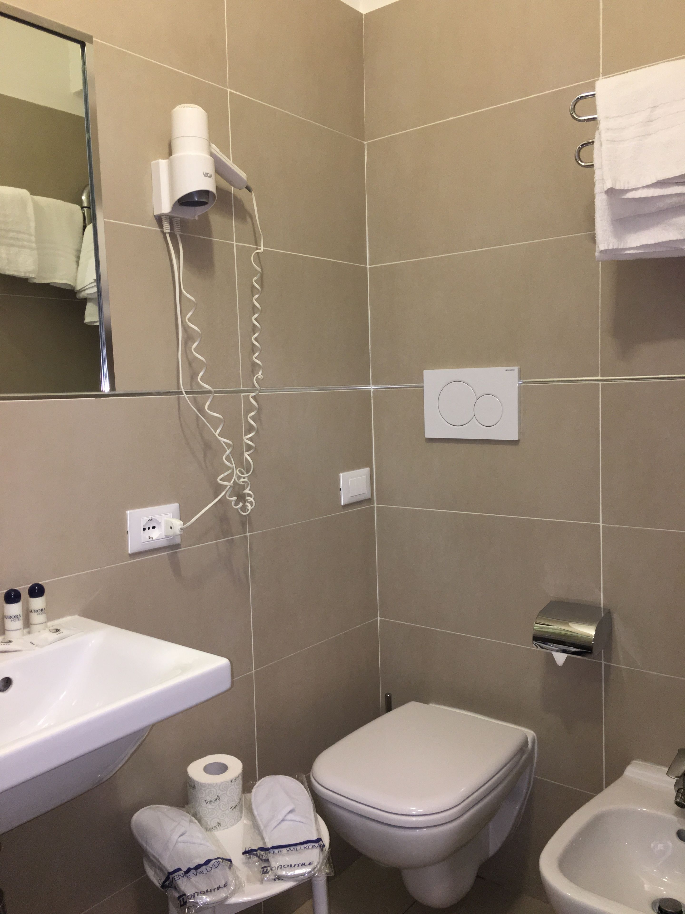 shower, hair dryer, bidet, towels