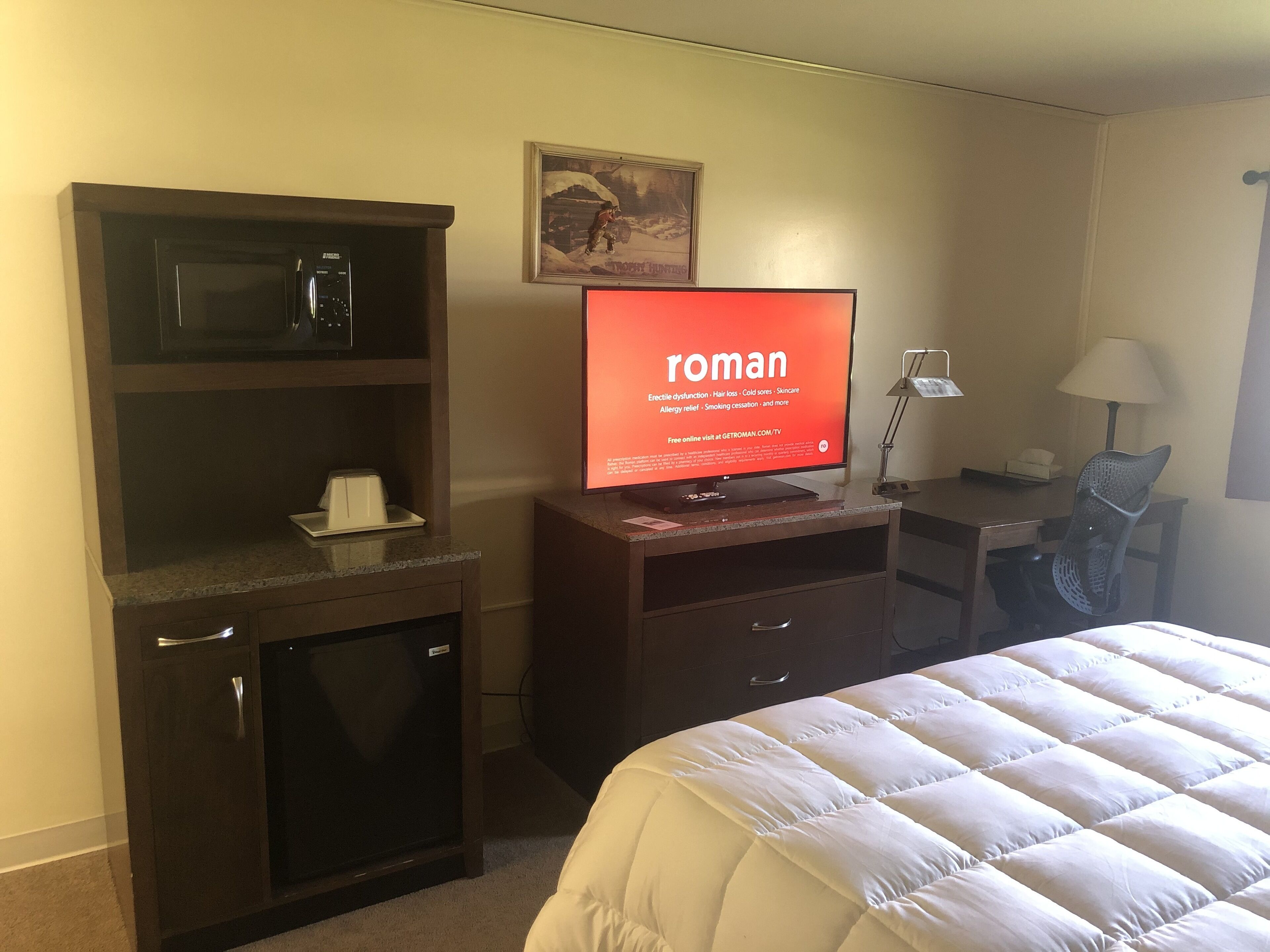 A hotel room with a bed, a TV displaying the word "roman," a microwave, a small refrigerator, a desk with a lamp, and a painting on the wall.