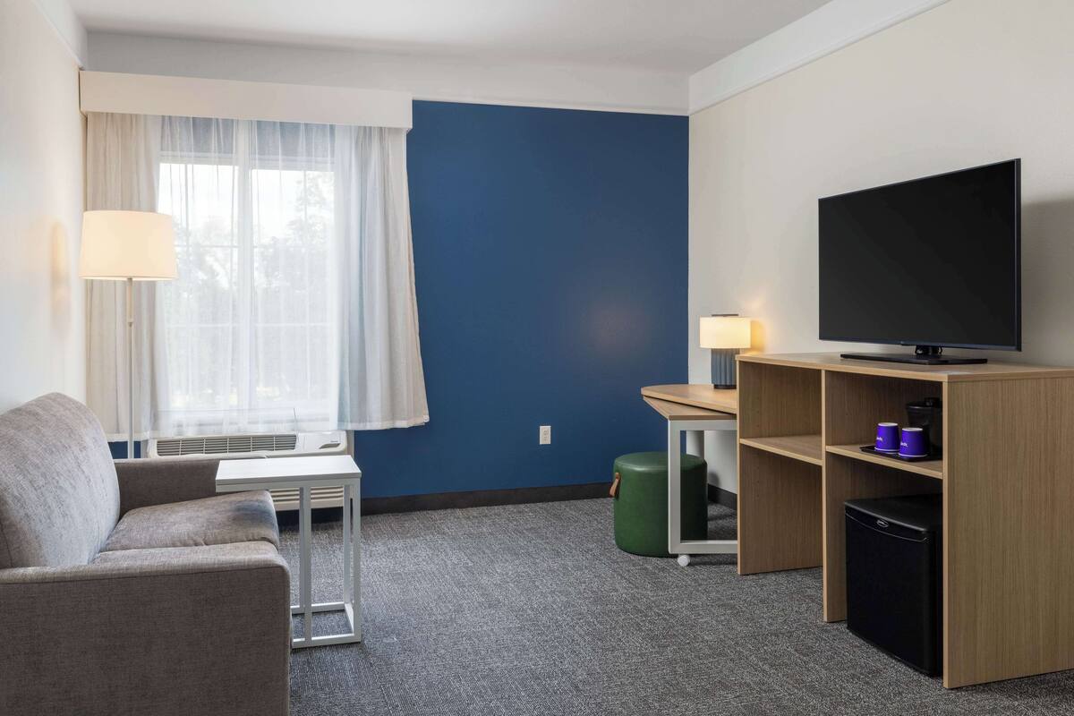 Ein Hotelzimmer mit grauem Sofa, einem kleinen Tisch, einem Fernseher auf einem Holzständer, einem Schreibtisch mit Lampe und einem grünen Mülleimer.