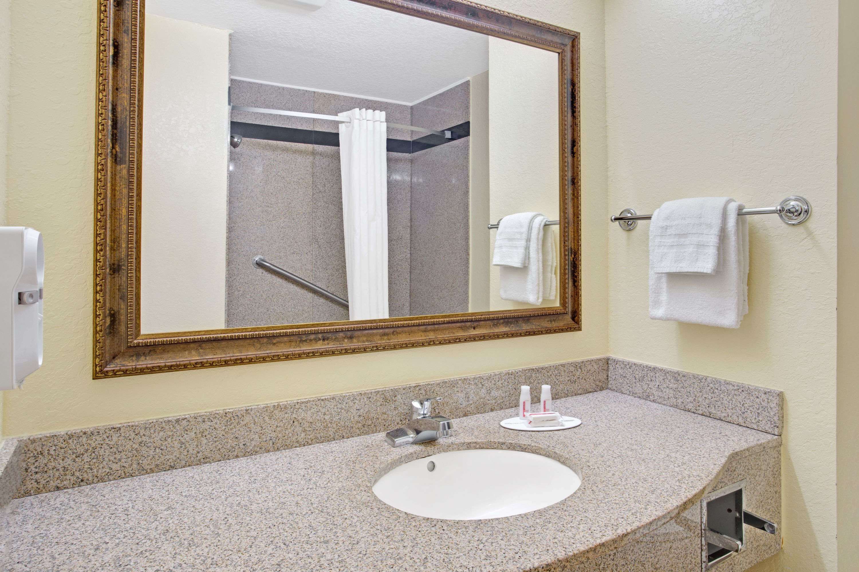 A bathroom with a granite countertop sink, a large mirror, and a shower visible in the background.