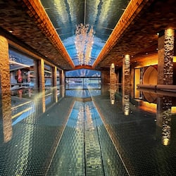 Indoor pool, outdoor pool, pool umbrellas, pool loungers