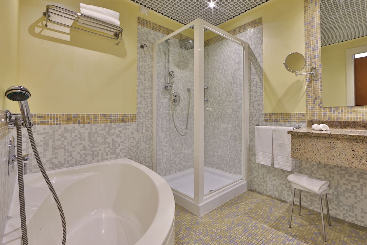 combined shower/bathtub, designer toiletries, hair dryer, bathrobes