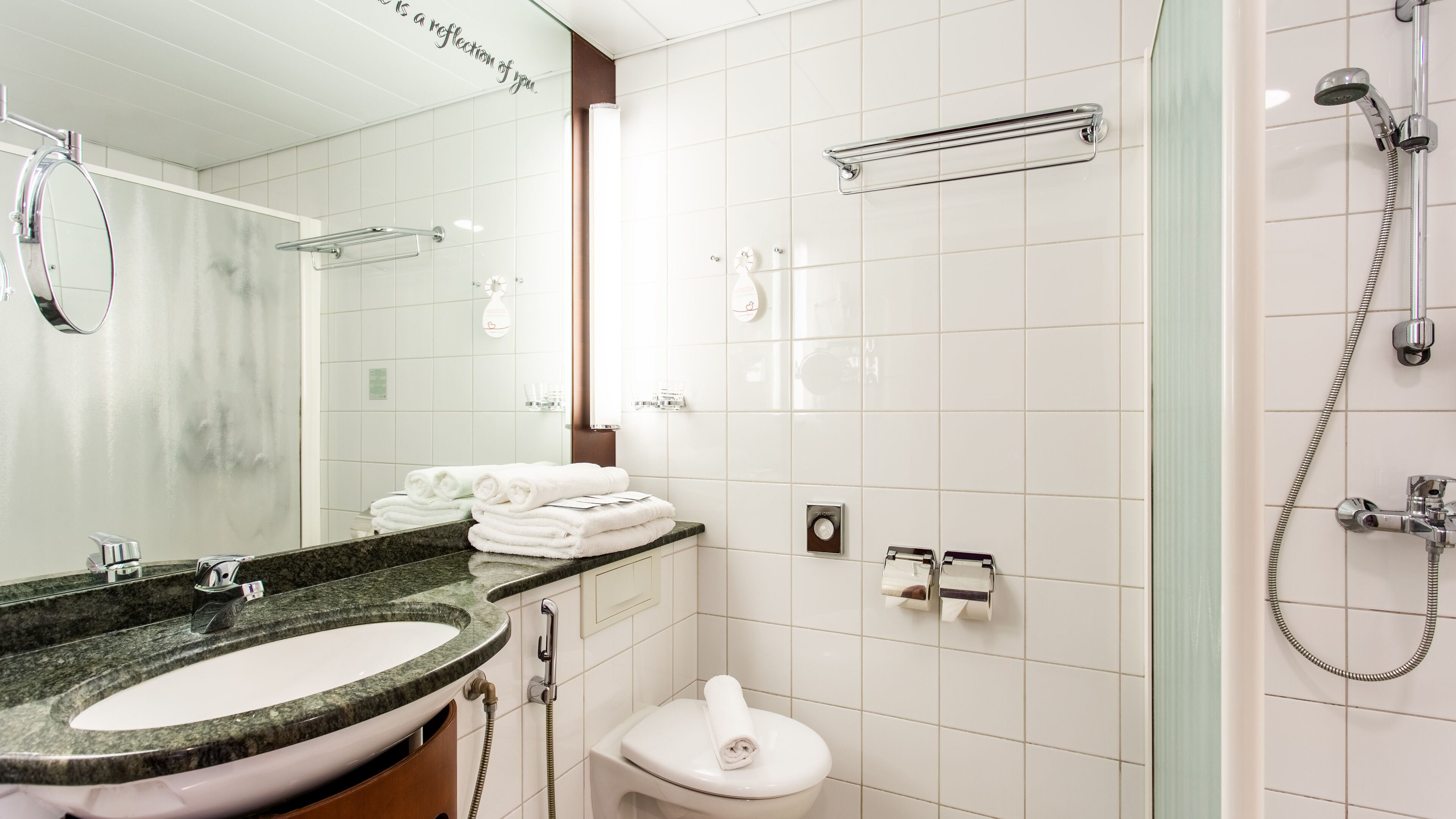 A modern bathroom with a granite countertop sink, a toilet, a shower with a handheld showerhead, and a towel rack.