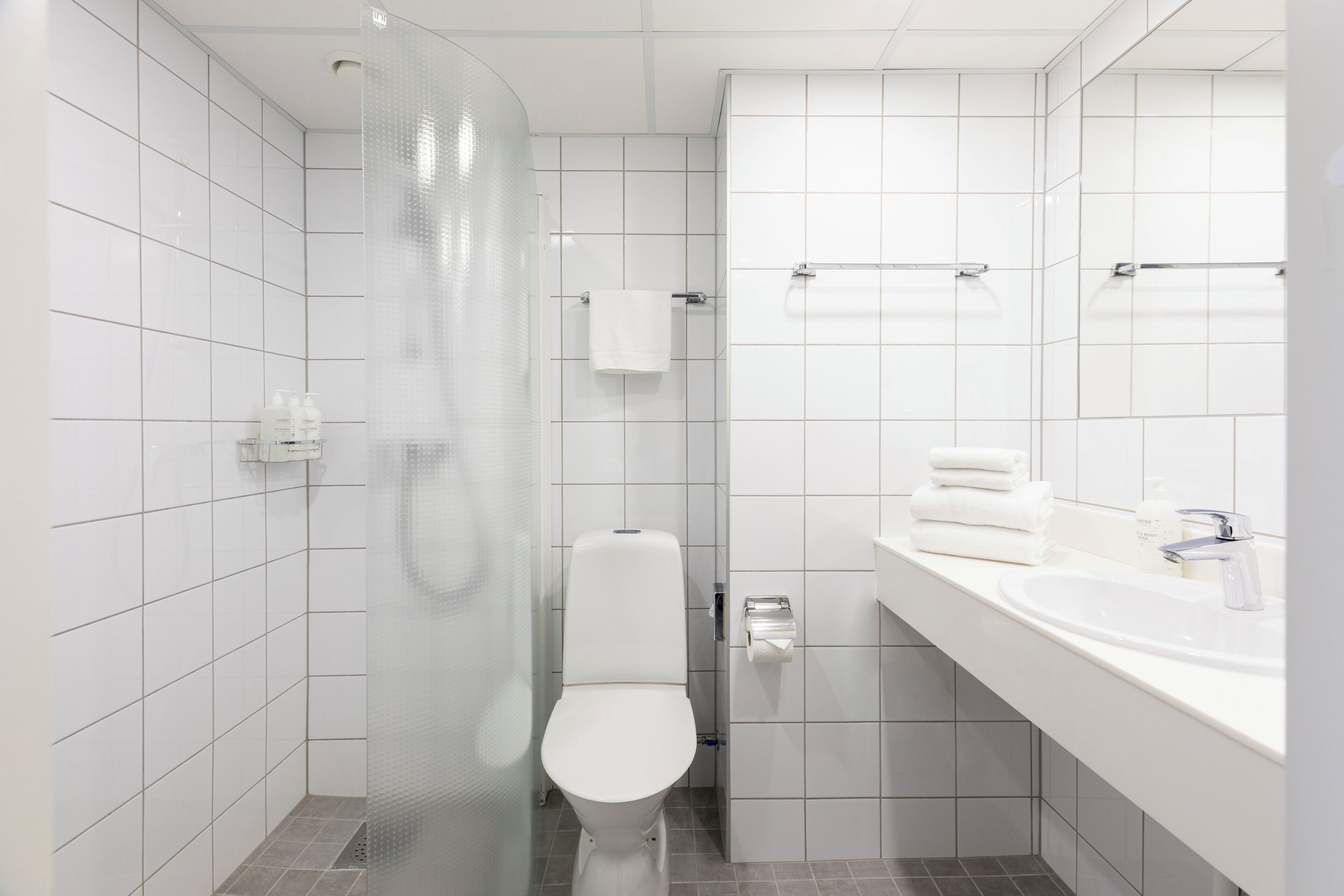 A modern bathroom with a shower, toilet, and sink.