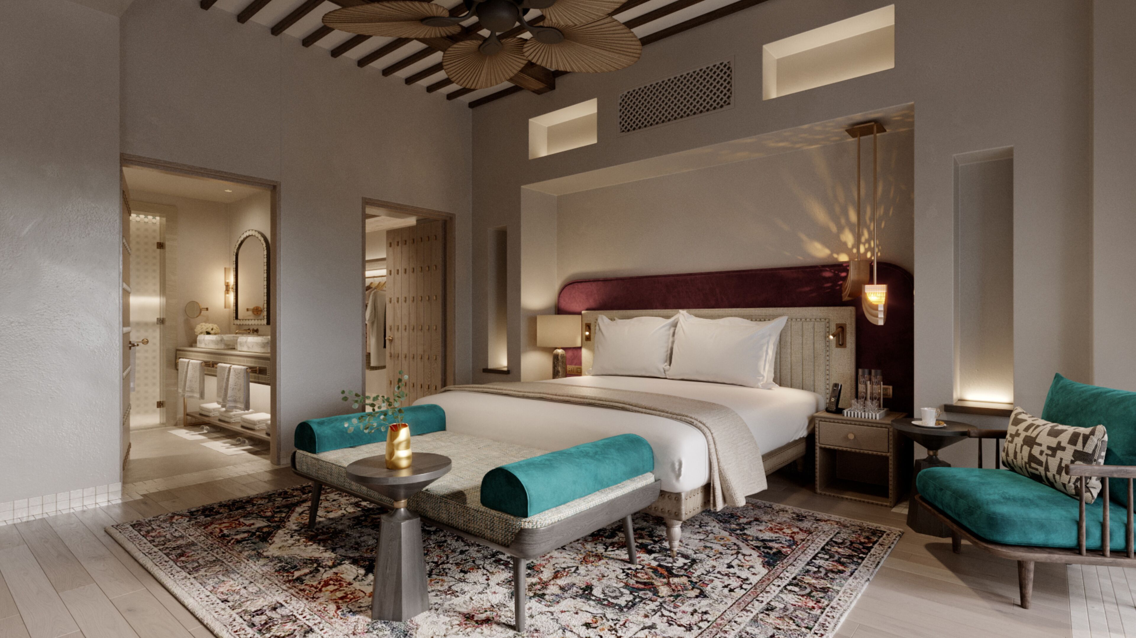 Cofres nos quartos, escrivaninha, espaço de trabalho para notebook