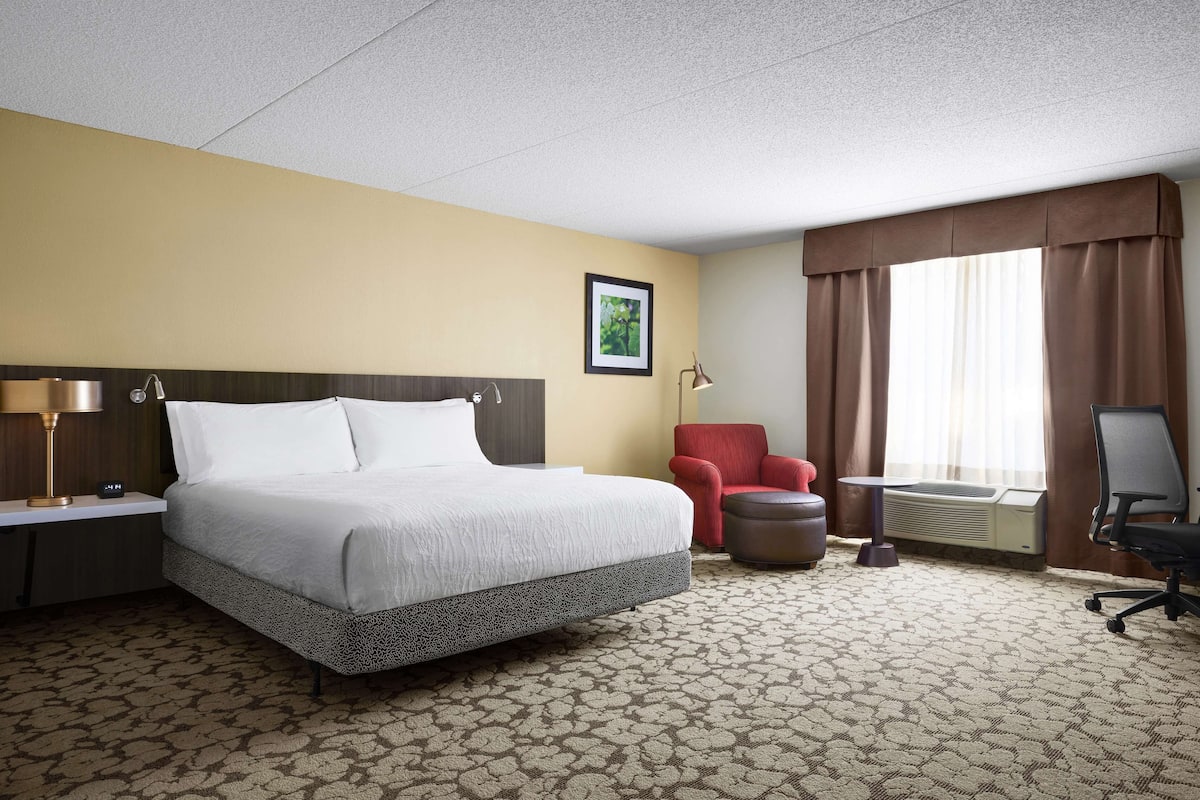 Een hotelkamer met een groot bed, een bureau met lamp, een rode stoel en uitzicht op het landschap door een raam met gordijnen.
