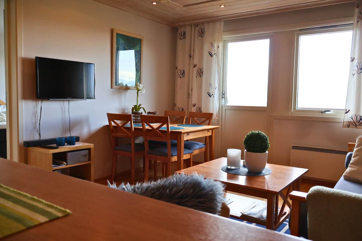 A cozy living room with a TV mounted on the wall, a dining area with wooden furniture, and large windows with floral curtains.