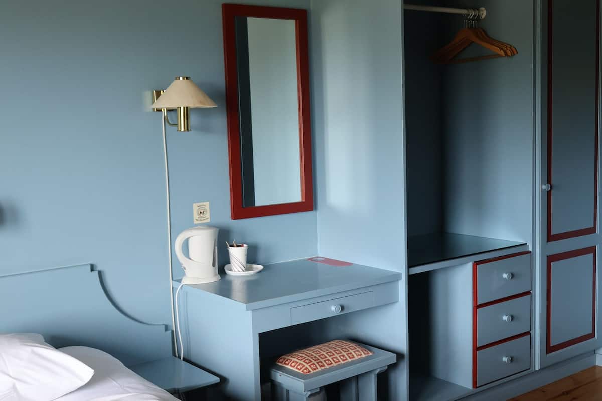 A bedroom with a bed, a desk, a chair, a wardrobe, and a mirror.