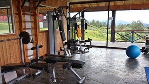A gym with weightlifting equipment and a blue exercise ball, with a view of a mountainous landscape through large windows. - Rauland Høgfjellshotell (Vinje)