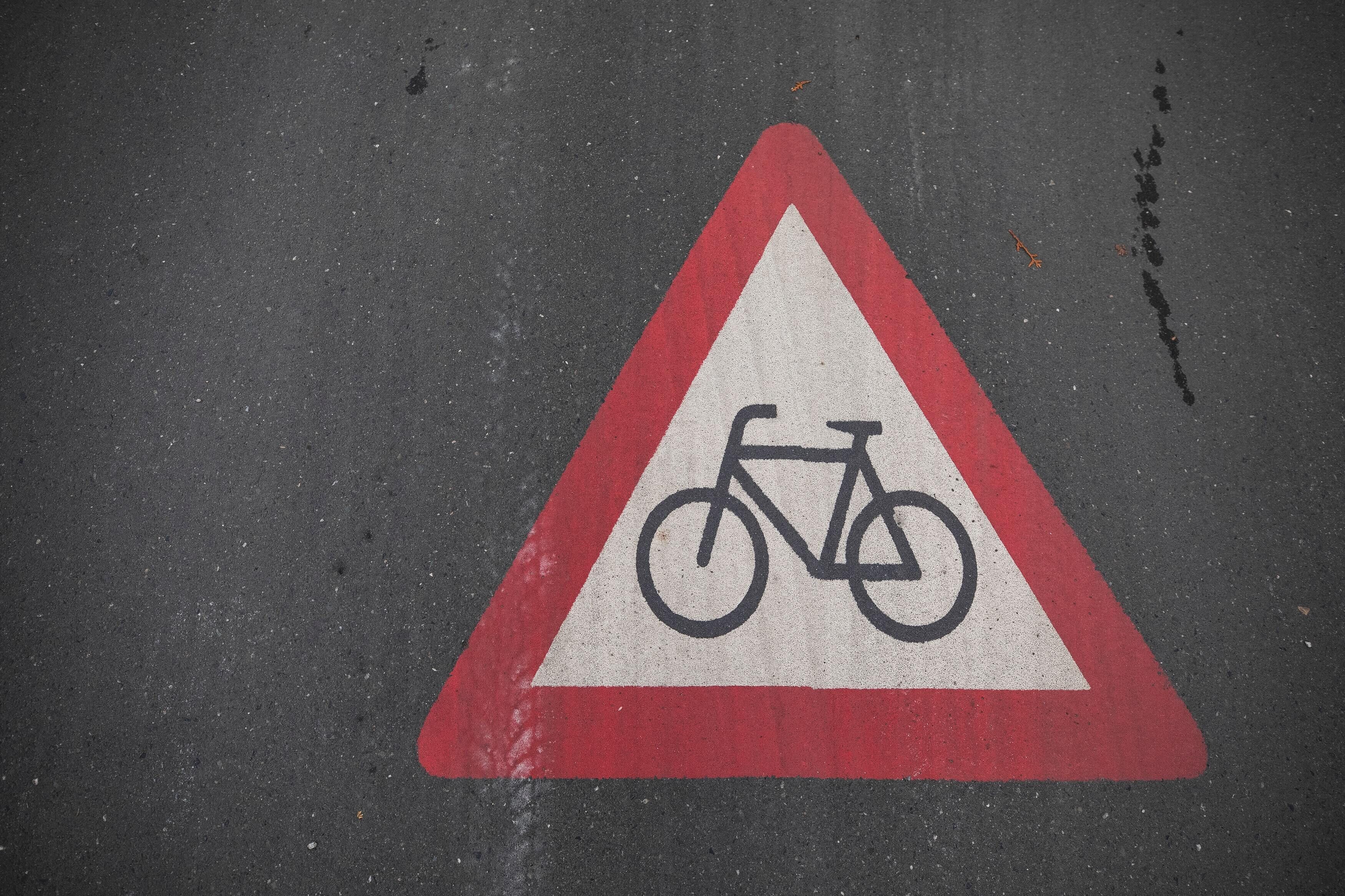 A triangular traffic sign with a bicycle symbol on a dark pavement.