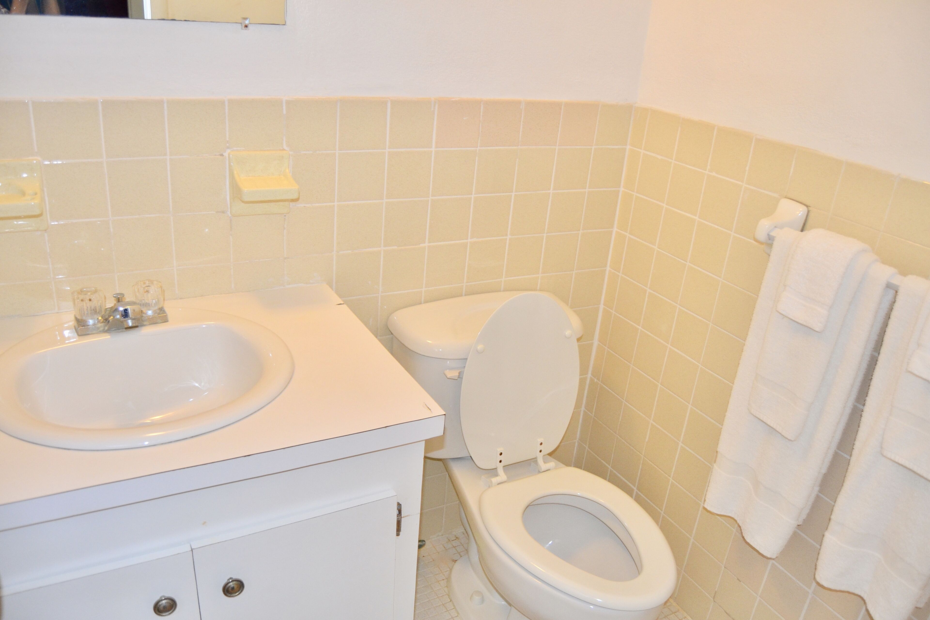 A bathroom with a sink, toilet, and a towel rack.