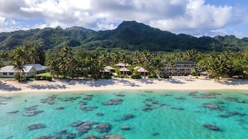 On the beach, sun-loungers, beach umbrellas, beach towels