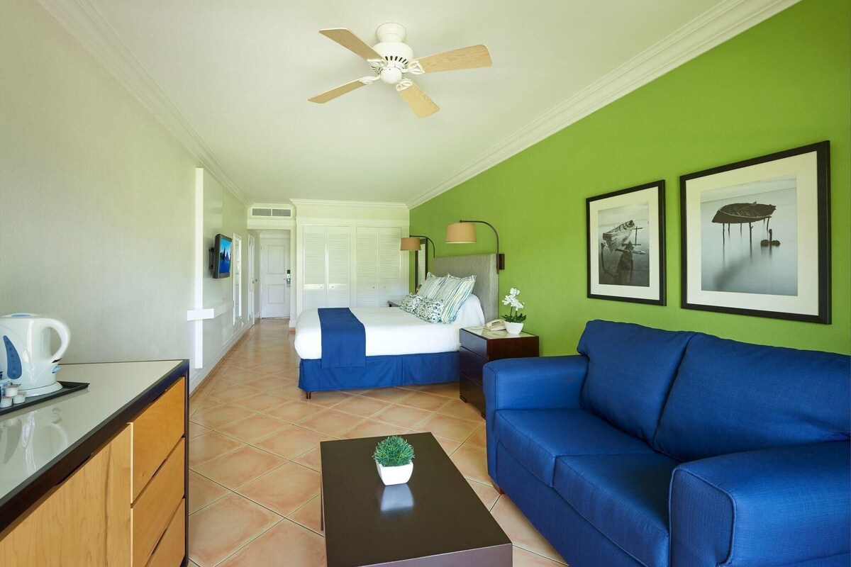 A hotel room with a bed, a blue sofa, a coffee table with a plant, a ceiling fan, and framed pictures on the wall.