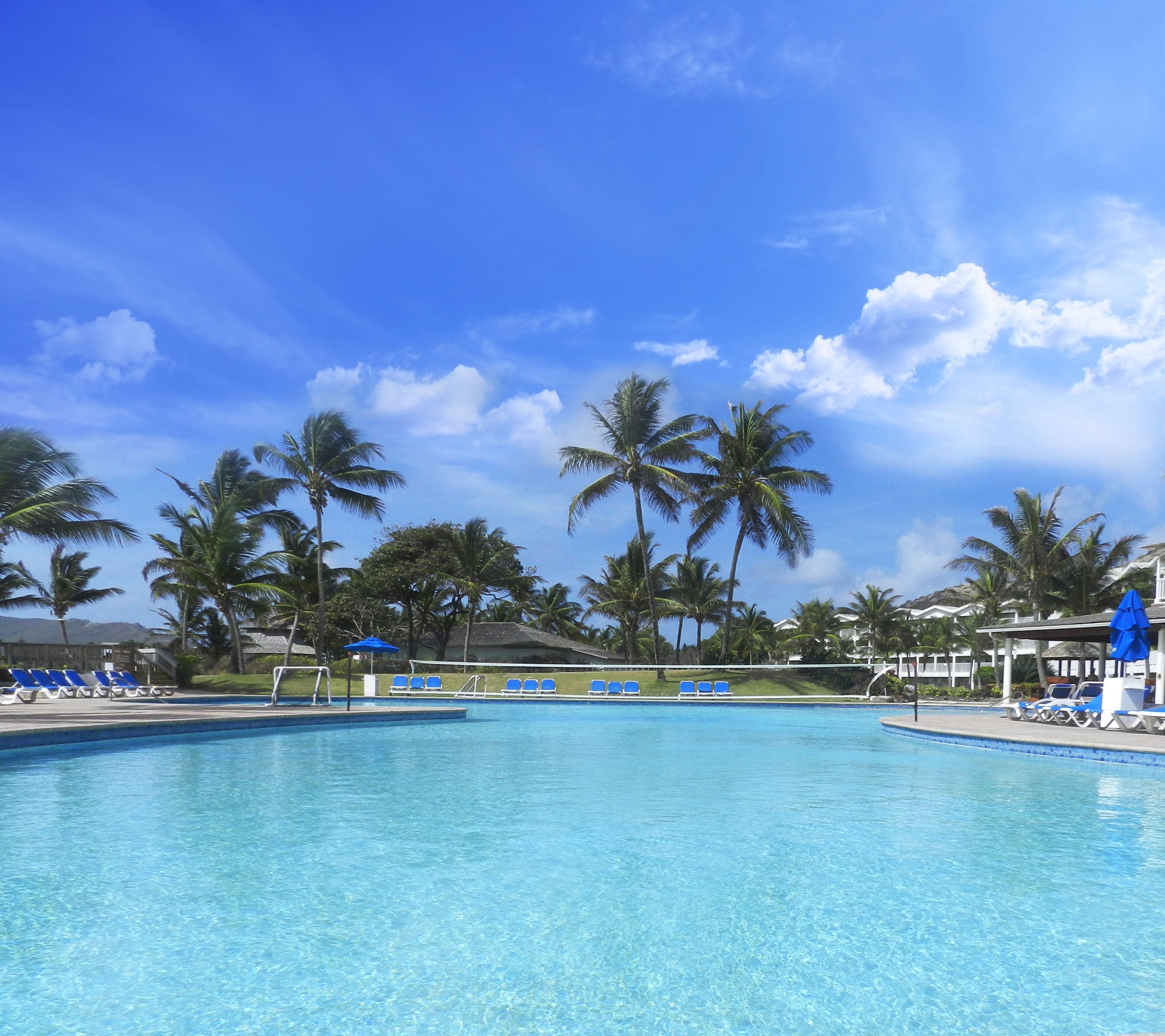 Una piscina azul cristalina rodeada de palmeras y sillas de descanso azules.