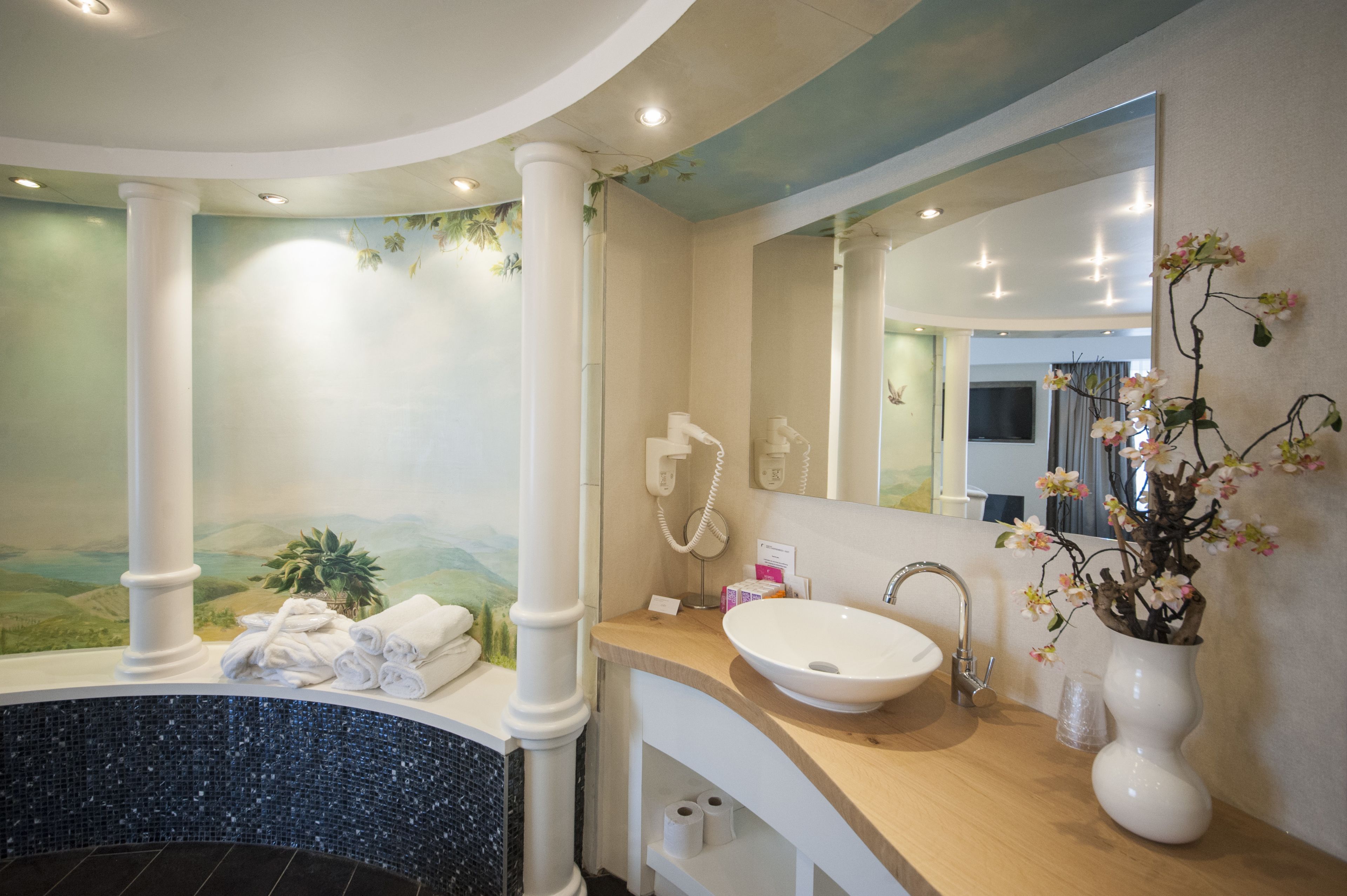 Une salle de bain avec un grand miroir, un lavabo, une baignoire et une plante décorative.