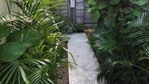 Un estrecho sendero de hormigón bordeado de exuberante vegetación tropical, que conduce a un portón de madera.