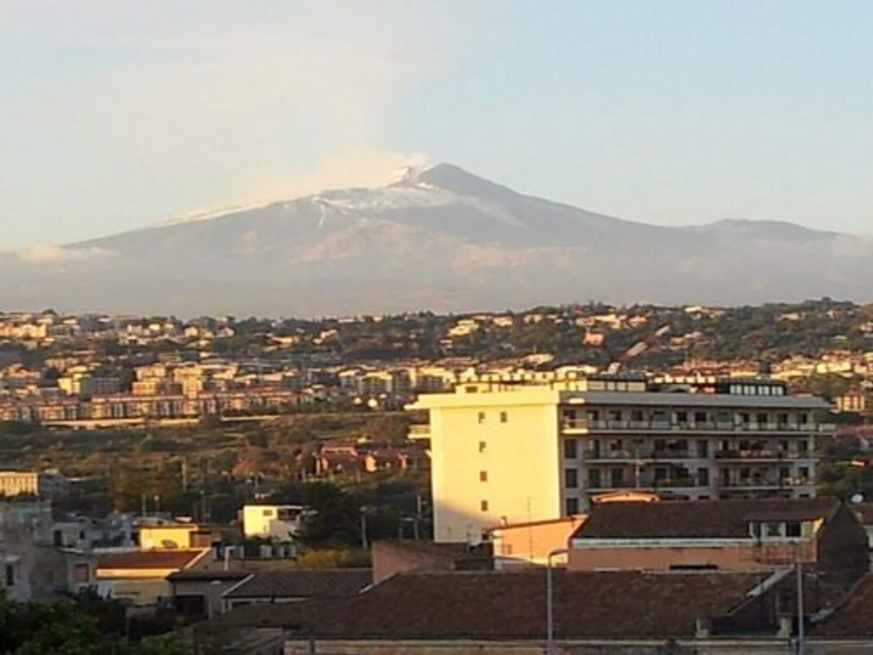 A cityscape with a prominent mountain in the background.