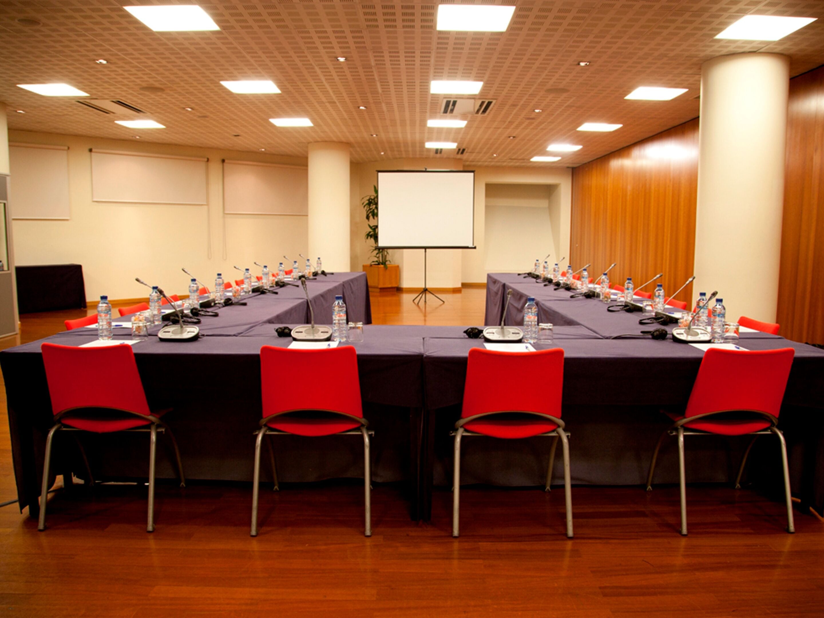 Una sala conferenze con un lungo tavolo, sedie rosse, microfoni, bottiglie d'acqua e uno schermo per proiettore.