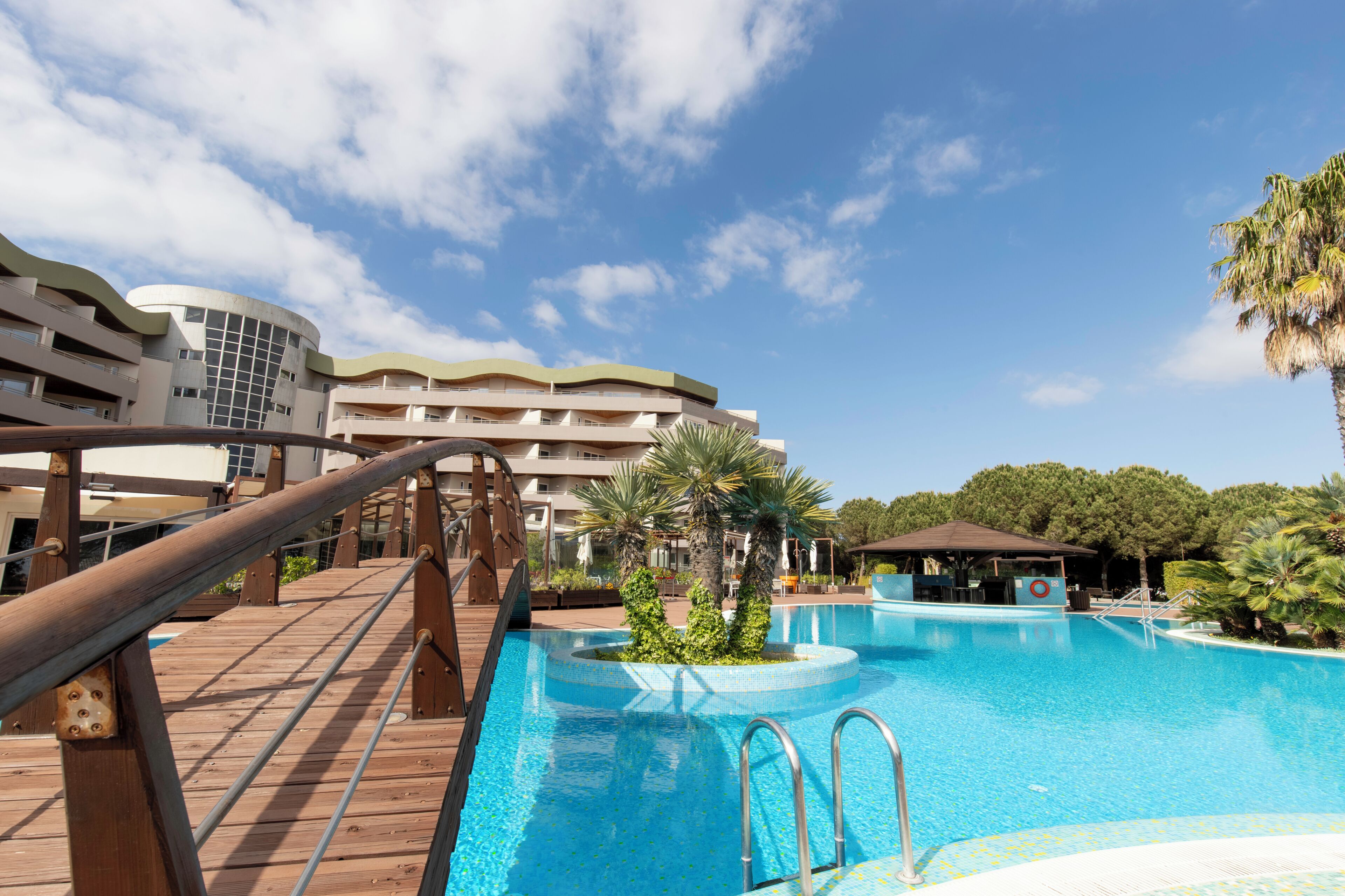 Una piscina con muelle de madera, un edificio de fachada curva y palmeras.