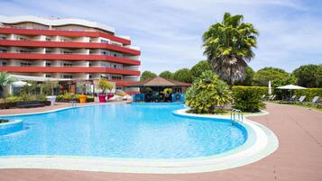 Indoor pool, outdoor pool, pool umbrellas, sun loungers