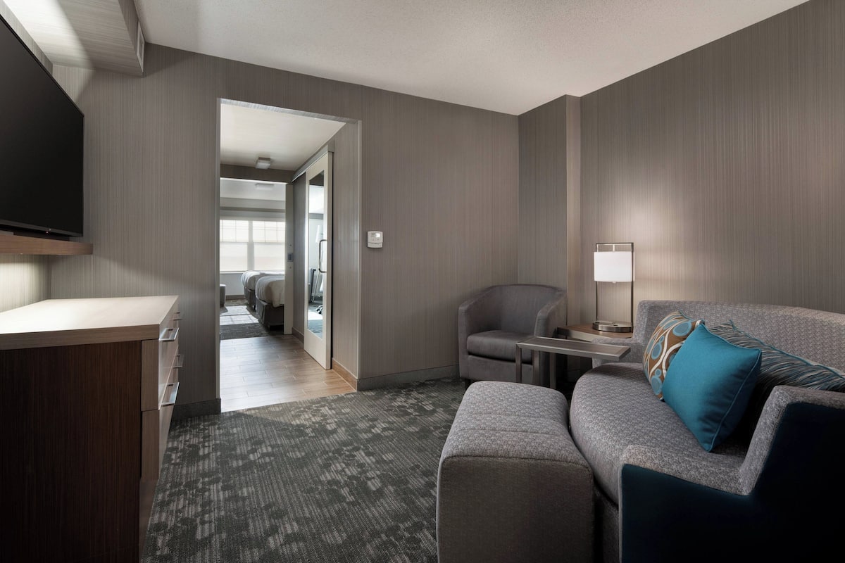Une chambre d’hôtel moderne équipée d’un téléviseur à écran plat, d’un canapé, d’un fauteuil, d’une petite table et d’une lampe.