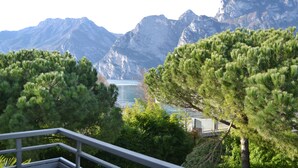 Paisaje montañoso con pinos en primer plano y una masa de agua al fondo.