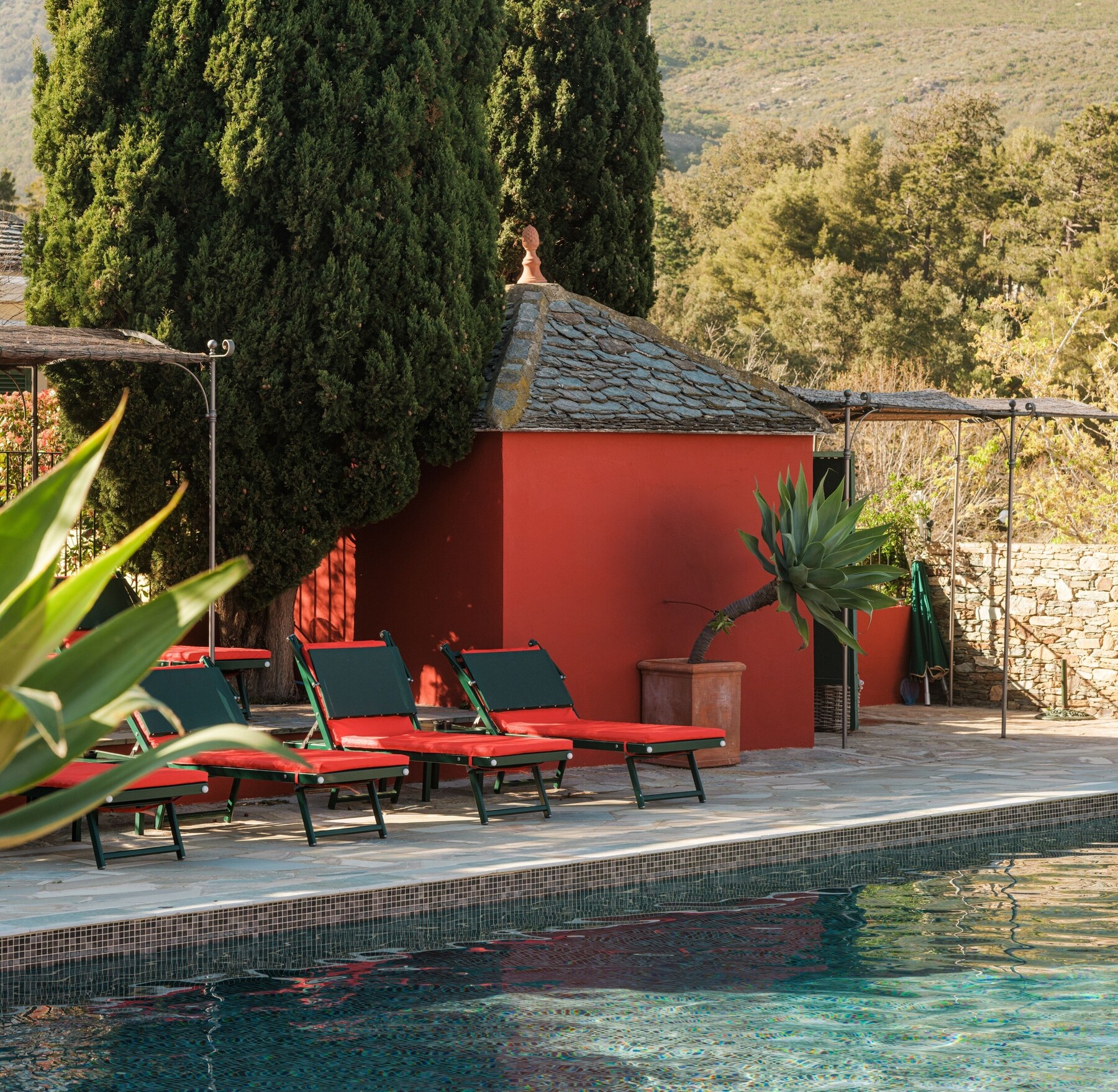Seasonal outdoor pool, pool umbrellas, pool loungers