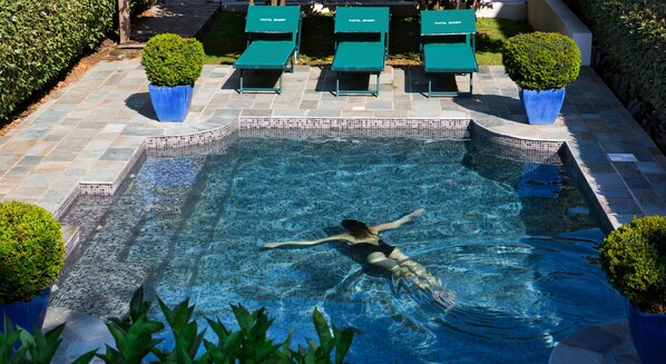 Seasonal outdoor pool, pool umbrellas, pool loungers